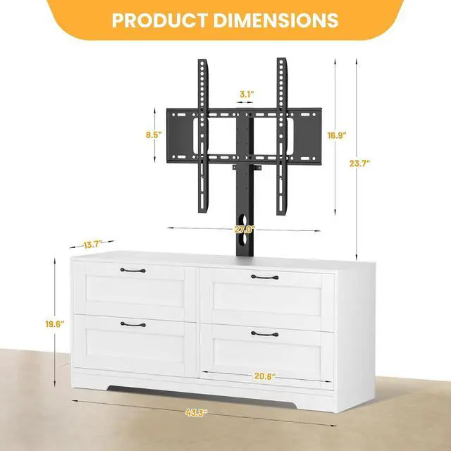 Alt view image 2 of 7 - Patikuin TV Stand with Mount and 4 Storage Drawers for 32-80 Inch TVs, White Entertainment Center for Bedroom, Living Room, Wood Media Console Tables with Height Adjustable Mount As TV Dresser