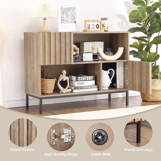 Alt view image 5 of 7 - Patikuin 40 Inch Mid-Century Modern TV Stand, Fluted Storage Cabinet with Doors & Cable Management, Entertainment Center for Living Room Bedroom, Oak Finish
