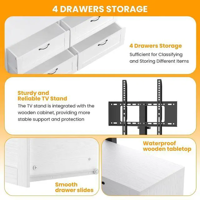 Alt view image 6 of 7 - Patikuin TV Stand with Mount and 4 Storage Drawers for 32-80 Inch TVs, White Entertainment Center for Bedroom, Living Room, Wood Media Console Tables with Height Adjustable Mount As TV Dresser