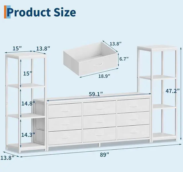 Alt view image 2 of 7 - Patikuin TV Stand Dresser for 75 Inch TV, Large Entertainment Center with Fabric Drawers & 4-Tier Storage Shelves, Modern Industrial TV Console for Living Room (White, 9 Drawers)