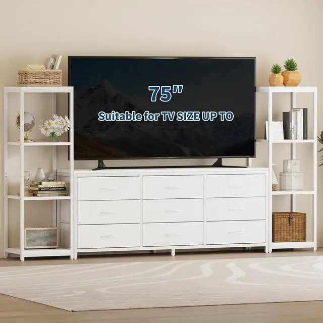 Alt view image 3 of 7 - Patikuin TV Stand Dresser for 75 Inch TV, Large Entertainment Center with Fabric Drawers & 4-Tier Storage Shelves, Modern Industrial TV Console for Living Room (White, 9 Drawers)