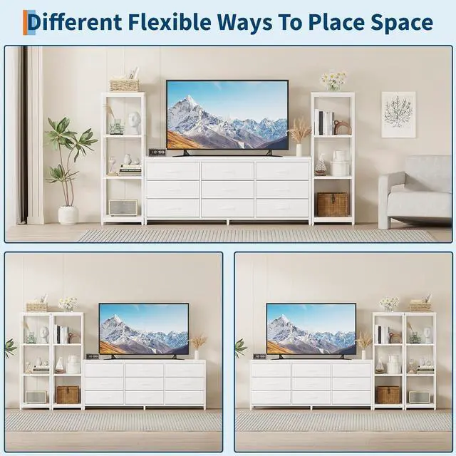 Alt view image 6 of 7 - Patikuin TV Stand Dresser for 75 Inch TV, Large Entertainment Center with Fabric Drawers & 4-Tier Storage Shelves, Modern Industrial TV Console for Living Room (White, 9 Drawers)