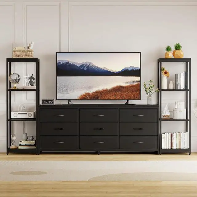 Main image of Patikuin TV Stand Dresser for 75 Inch TV, Large Entertainment Center with Fabric Drawers & 4-Tier Storage Shelves, Modern Industrial TV Console for Living Room (Black, 9 Drawers)