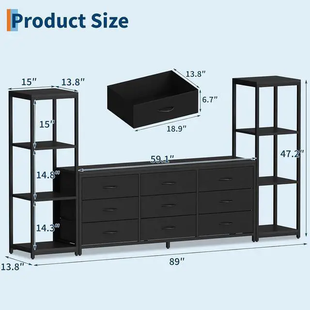 Alt view image 2 of 7 - Patikuin TV Stand Dresser for 75 Inch TV, Large Entertainment Center with Fabric Drawers & 4-Tier Storage Shelves, Modern Industrial TV Console for Living Room (Black, 9 Drawers)