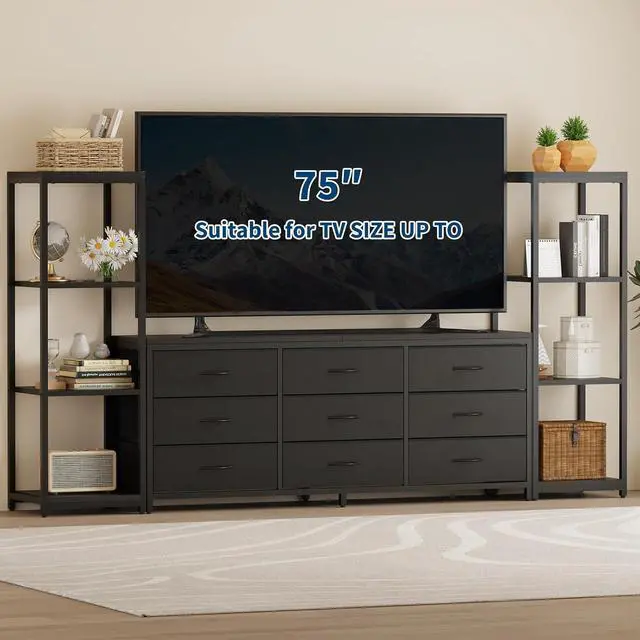 Alt view image 3 of 7 - Patikuin TV Stand Dresser for 75 Inch TV, Large Entertainment Center with Fabric Drawers & 4-Tier Storage Shelves, Modern Industrial TV Console for Living Room (Black, 9 Drawers)
