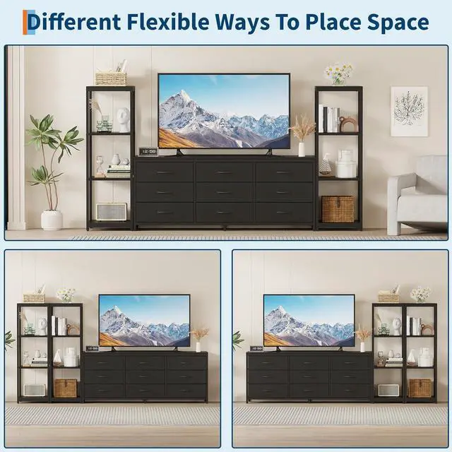 Alt view image 6 of 7 - Patikuin TV Stand Dresser for 75 Inch TV, Large Entertainment Center with Fabric Drawers & 4-Tier Storage Shelves, Modern Industrial TV Console for Living Room (Black, 9 Drawers)