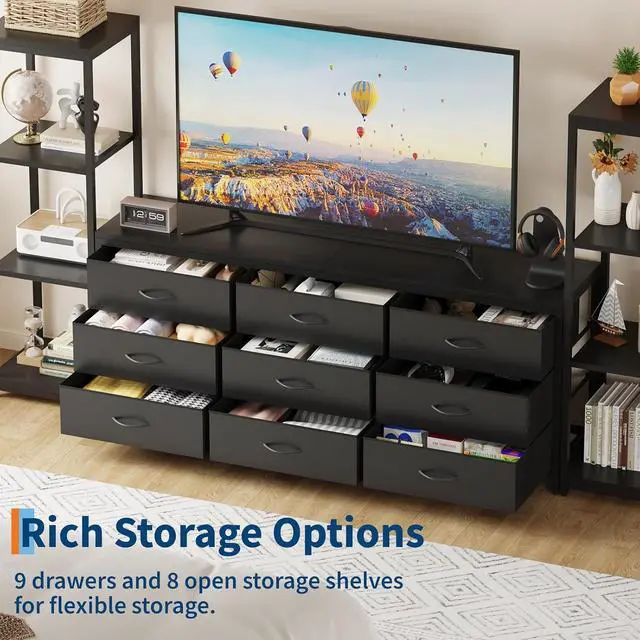 Alt view image 4 of 7 - Patikuin TV Stand Dresser for 75 Inch TV, Large Entertainment Center with Fabric Drawers & 4-Tier Storage Shelves, Modern Industrial TV Console for Living Room (Black, 9 Drawers)