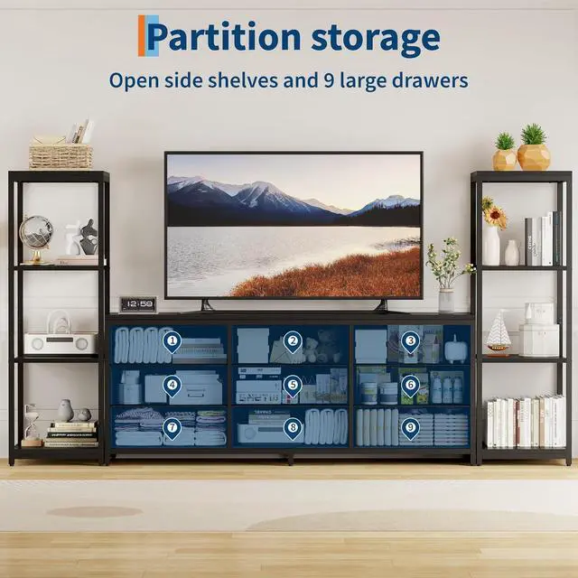 Alt view image 5 of 7 - Patikuin TV Stand Dresser for 75 Inch TV, Large Entertainment Center with Fabric Drawers & 4-Tier Storage Shelves, Modern Industrial TV Console for Living Room (Black, 9 Drawers)