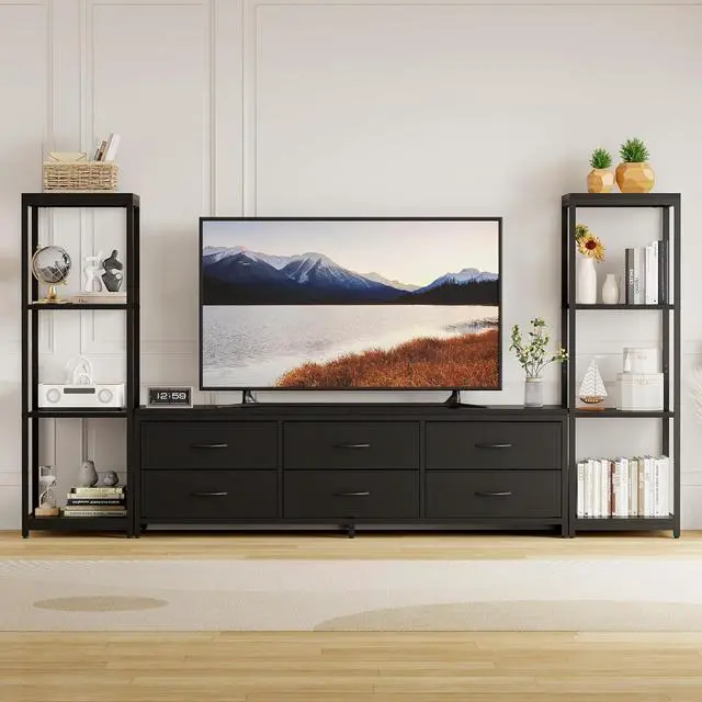 Main image of Patikuin TV Stand Dresser for 75 Inch TV, Large Entertainment Center with Fabric Drawers & 4-Tier Storage Shelves, Modern Industrial TV Console for Living Room (Black, 6 Drawers)