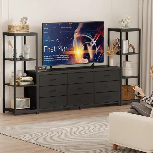 Alt view image 7 of 7 - Patikuin TV Stand Dresser for 75 Inch TV, Large Entertainment Center with Fabric Drawers & 4-Tier Storage Shelves, Modern Industrial TV Console for Living Room (Black, 9 Drawers)