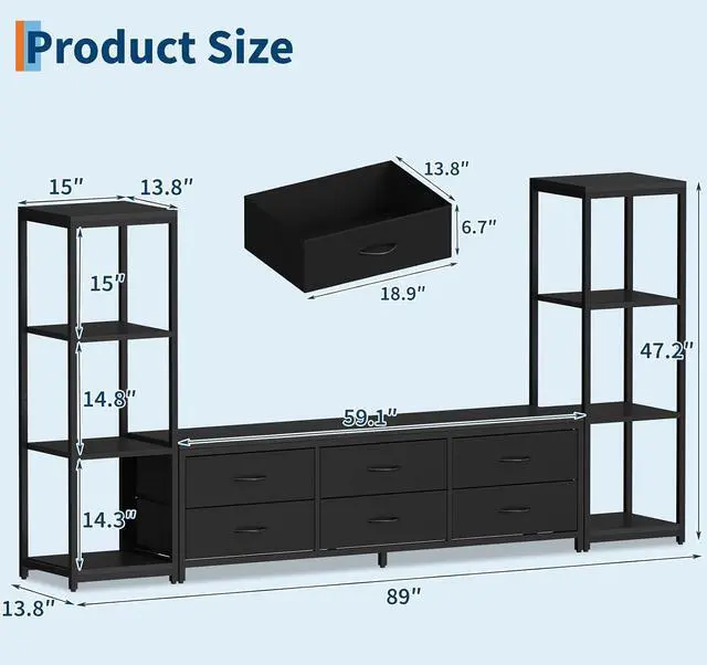 Alt view image 2 of 7 - Patikuin TV Stand Dresser for 75 Inch TV, Large Entertainment Center with Fabric Drawers & 4-Tier Storage Shelves, Modern Industrial TV Console for Living Room (Black, 6 Drawers)