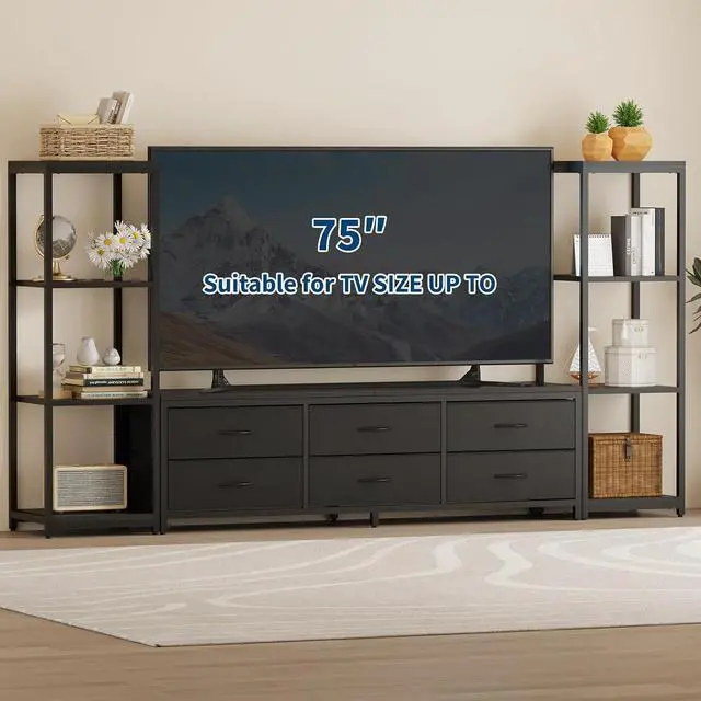 Alt view image 3 of 7 - Patikuin TV Stand Dresser for 75 Inch TV, Large Entertainment Center with Fabric Drawers & 4-Tier Storage Shelves, Modern Industrial TV Console for Living Room (Black, 6 Drawers)