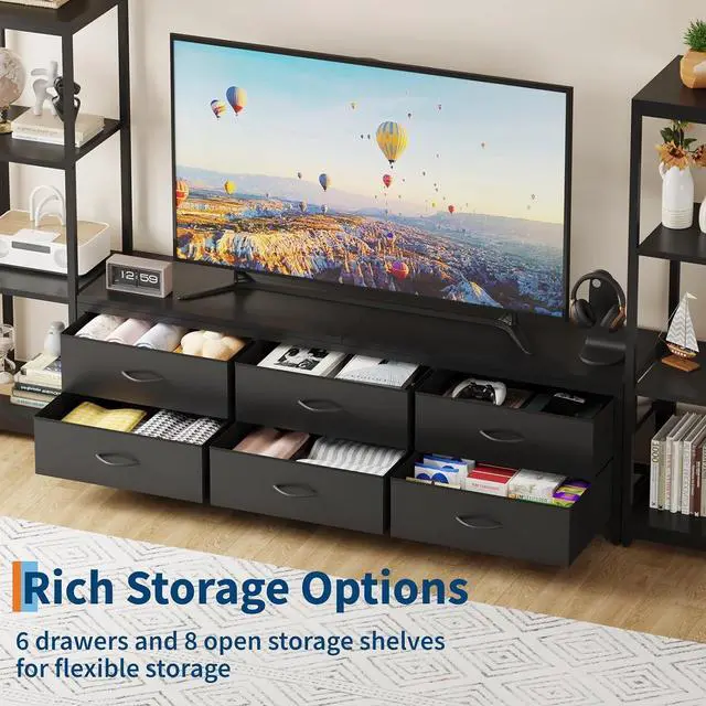 Alt view image 4 of 7 - Patikuin TV Stand Dresser for 75 Inch TV, Large Entertainment Center with Fabric Drawers & 4-Tier Storage Shelves, Modern Industrial TV Console for Living Room (Black, 6 Drawers)