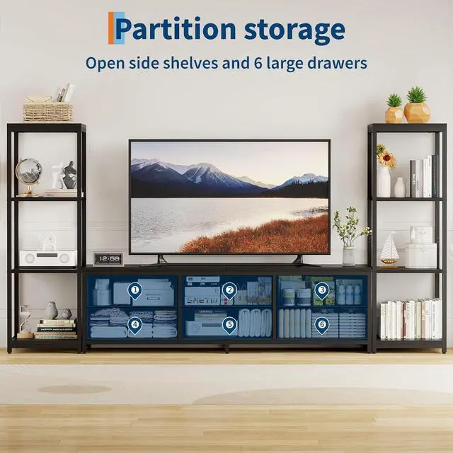 Alt view image 5 of 7 - Patikuin TV Stand Dresser for 75 Inch TV, Large Entertainment Center with Fabric Drawers & 4-Tier Storage Shelves, Modern Industrial TV Console for Living Room (Black, 6 Drawers)
