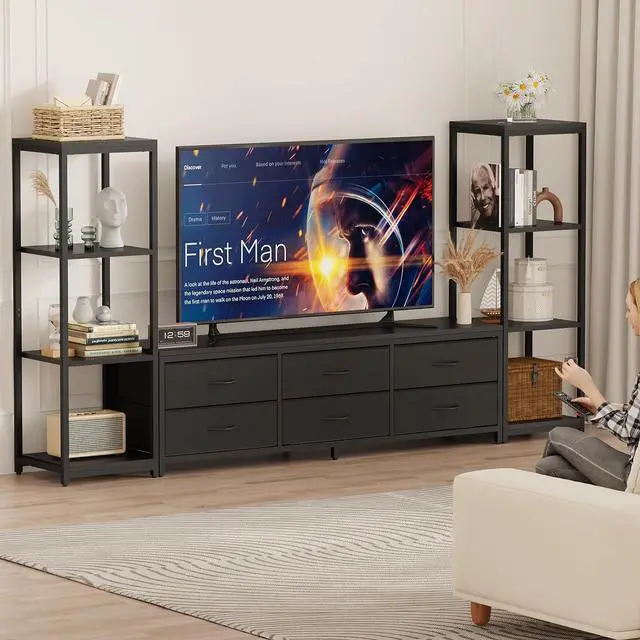 Alt view image 7 of 7 - Patikuin TV Stand Dresser for 75 Inch TV, Large Entertainment Center with Fabric Drawers & 4-Tier Storage Shelves, Modern Industrial TV Console for Living Room (Black, 6 Drawers)
