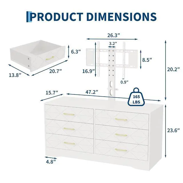 Alt view image 2 of 7 - Patikuin 6 Drawer TV Stand with Mount for 32-80 Inch TVs, White Entertainment Center for Bedroom, Living Room, Wood Media Console Tables with Height Adjustable Mount and Storage Drawers As TV Dresser