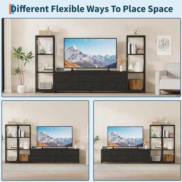 Alt view image 6 of 7 - Patikuin TV Stand Dresser for 75 Inch TV, Large Entertainment Center with Fabric Drawers & 4-Tier Storage Shelves, Modern Industrial TV Console for Living Room (Black, 6 Drawers)