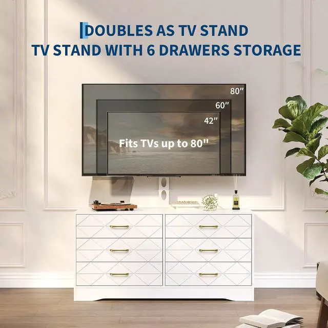 Alt view image 5 of 7 - Patikuin 6 Drawer TV Stand with Mount for 32-80 Inch TVs, White Entertainment Center for Bedroom, Living Room, Wood Media Console Tables with Height Adjustable Mount and Storage Drawers As TV Dresser
