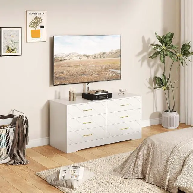 Alt view image 3 of 7 - Patikuin 6 Drawer TV Stand with Mount for 32-80 Inch TVs, White Entertainment Center for Bedroom, Living Room, Wood Media Console Tables with Height Adjustable Mount and Storage Drawers As TV Dresser