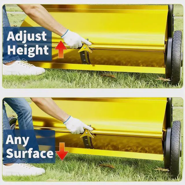 Alt view image 2 of 6 - Patikuin Heavy-Duty 26-Inch Push Lawn Sweeper Steel Frame, 4 Reinforced Brushes, Adjustable Height, 7 Cu.Ft Debris Bag Efficient Hand-Pushed Mower for Leaves & Grass Color: Yellow+Black