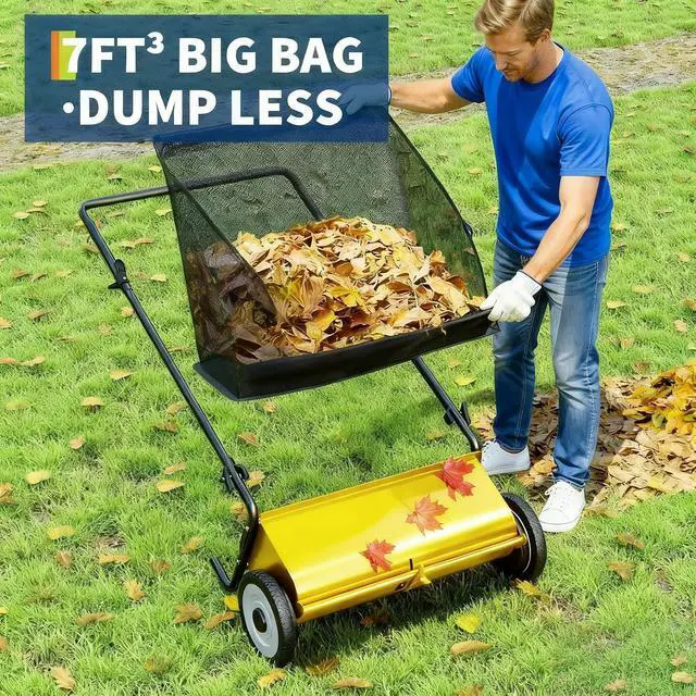 Alt view image 3 of 6 - Patikuin Heavy-Duty 26-Inch Push Lawn Sweeper Steel Frame, 4 Reinforced Brushes, Adjustable Height, 7 Cu.Ft Debris Bag Efficient Hand-Pushed Mower for Leaves & Grass Color: Yellow+Black