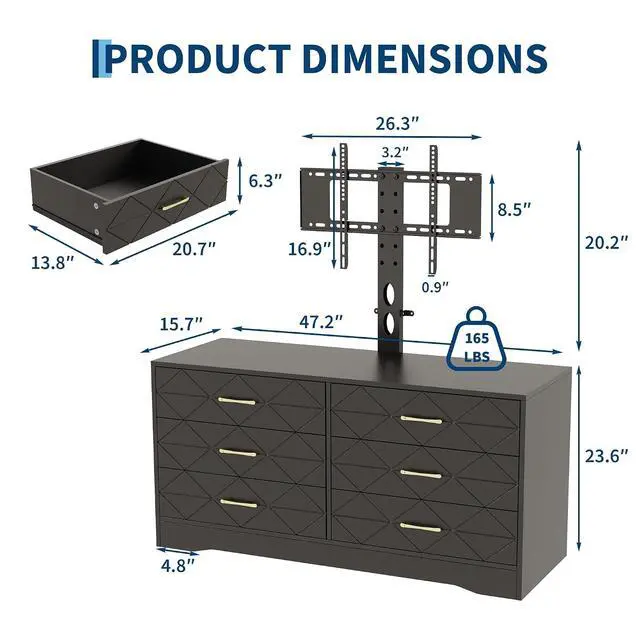 Alt view image 2 of 7 - Patikuin 6 Drawer TV Stand with Mount for 32-80 Inch TVs, Black Entertainment Center for Bedroom, Living Room, Wood Media Console Tables with Height Adjustable Mount and Storage Drawers As TV Dresser