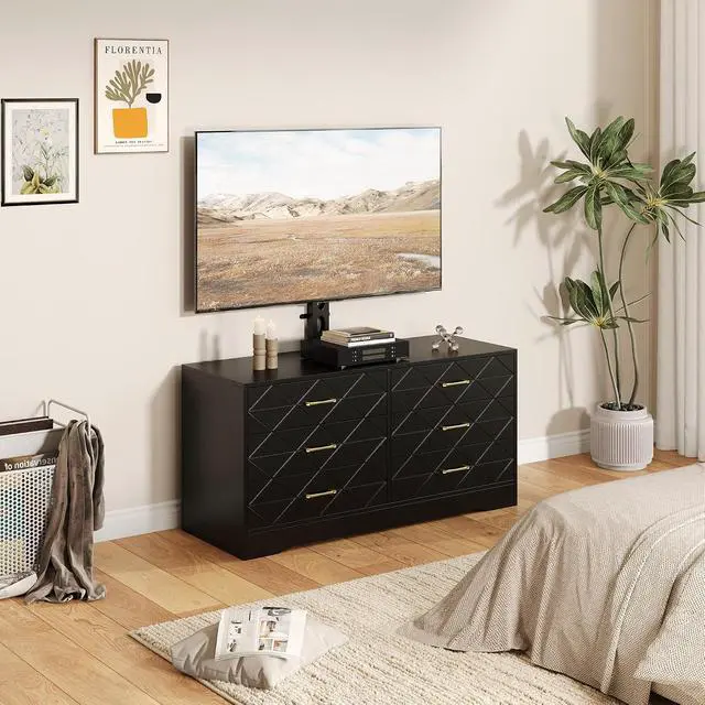 Alt view image 3 of 7 - Patikuin 6 Drawer TV Stand with Mount for 32-80 Inch TVs, Black Entertainment Center for Bedroom, Living Room, Wood Media Console Tables with Height Adjustable Mount and Storage Drawers As TV Dresser