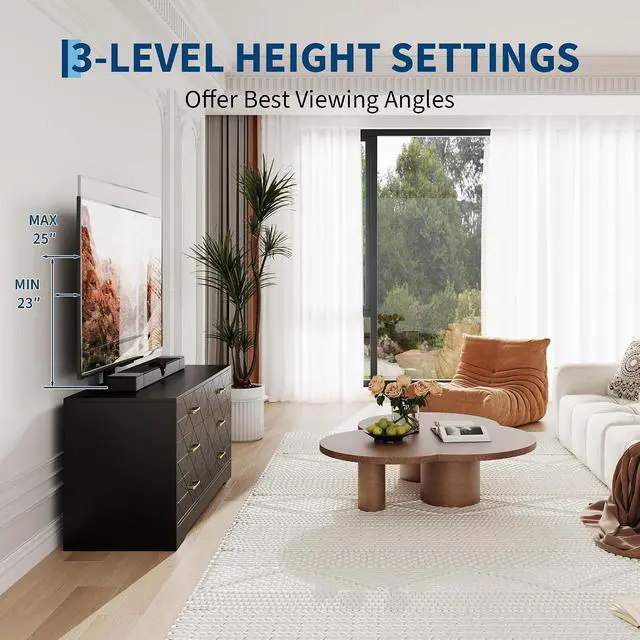 Alt view image 4 of 7 - Patikuin 6 Drawer TV Stand with Mount for 32-80 Inch TVs, Black Entertainment Center for Bedroom, Living Room, Wood Media Console Tables with Height Adjustable Mount and Storage Drawers As TV Dresser