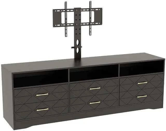 Main image of TV Stand with Mount for 32/45/55/65/75/80 inch TVs, Black Entertainment Center with 6 Storage Drawers for Bedroom, Living Room, Wood Media Console Tables with Height Adjustable Mount as TV Dresser