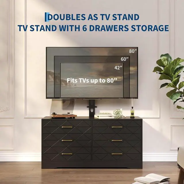 Alt view image 5 of 7 - Patikuin 6 Drawer TV Stand with Mount for 32-80 Inch TVs, Black Entertainment Center for Bedroom, Living Room, Wood Media Console Tables with Height Adjustable Mount and Storage Drawers As TV Dresser