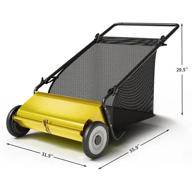 Alt view image 4 of 6 - Patikuin Heavy-Duty 26-Inch Push Lawn Sweeper Steel Frame, 4 Reinforced Brushes, Adjustable Height, 7 Cu.Ft Debris Bag Efficient Hand-Pushed Mower for Leaves & Grass Color: Yellow+Black