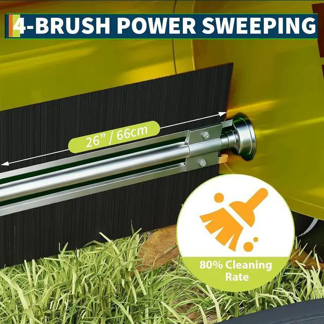 Alt view image 6 of 6 - Patikuin Heavy-Duty 26-Inch Push Lawn Sweeper Steel Frame, 4 Reinforced Brushes, Adjustable Height, 7 Cu.Ft Debris Bag Efficient Hand-Pushed Mower for Leaves & Grass Color: Yellow+Black