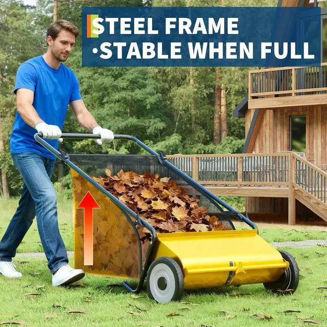 Alt view image 5 of 6 - Patikuin Heavy-Duty 26-Inch Push Lawn Sweeper Steel Frame, 4 Reinforced Brushes, Adjustable Height, 7 Cu.Ft Debris Bag Efficient Hand-Pushed Mower for Leaves & Grass Color: Yellow+Black