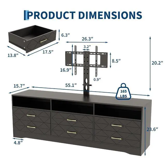 Alt view image 2 of 7 - TV Stand with Mount for 32/45/55/65/75/80 inch TVs, Black Entertainment Center with 6 Storage Drawers for Bedroom, Living Room, Wood Media Console Tables with Height Adjustable Mount as TV Dresser