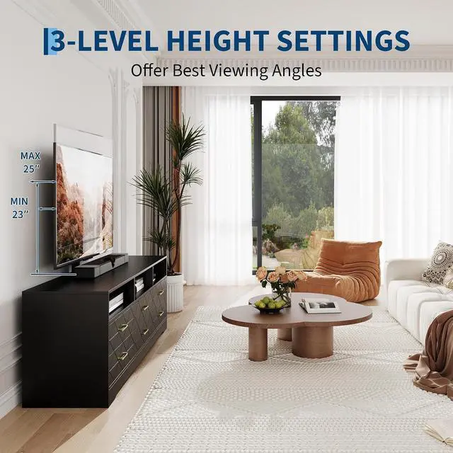 Alt view image 4 of 7 - TV Stand with Mount for 32/45/55/65/75/80 inch TVs, Black Entertainment Center with 6 Storage Drawers for Bedroom, Living Room, Wood Media Console Tables with Height Adjustable Mount as TV Dresser