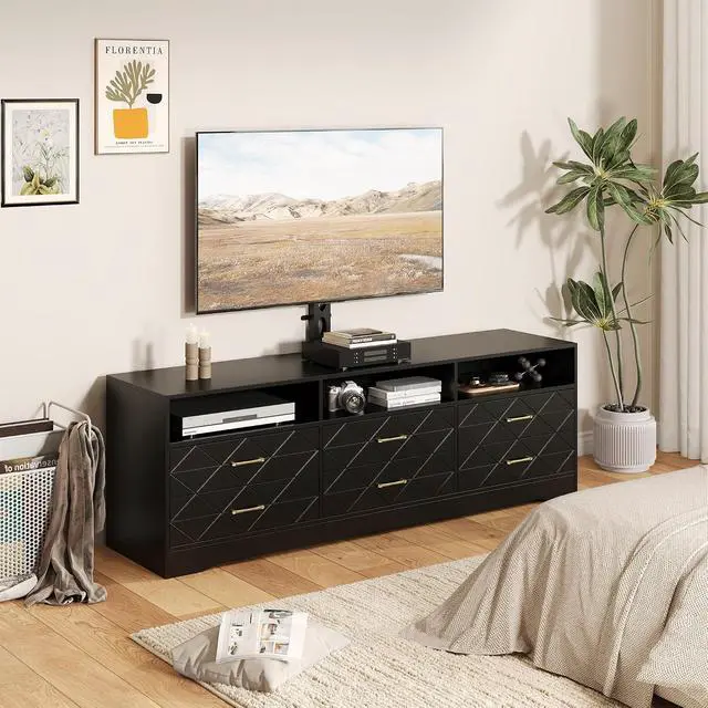 Alt view image 3 of 7 - TV Stand with Mount for 32/45/55/65/75/80 inch TVs, Black Entertainment Center with 6 Storage Drawers for Bedroom, Living Room, Wood Media Console Tables with Height Adjustable Mount as TV Dresser