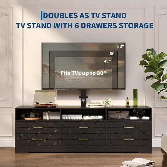Alt view image 5 of 7 - TV Stand with Mount for 32/45/55/65/75/80 inch TVs, Black Entertainment Center with 6 Storage Drawers for Bedroom, Living Room, Wood Media Console Tables with Height Adjustable Mount as TV Dresser