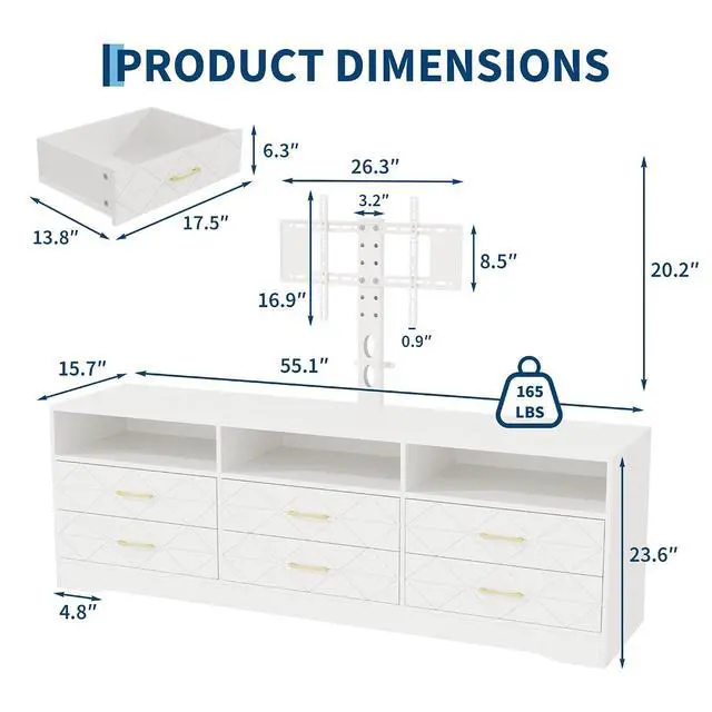Alt view image 2 of 7 - TV Stand with Mount for 32/45/55/65/75/80 inch TVs, White Entertainment Center with 6 Storage Drawers for Bedroom, Living Room, Wood Media Console Tables with Height Adjustable Mount as TV Dresser