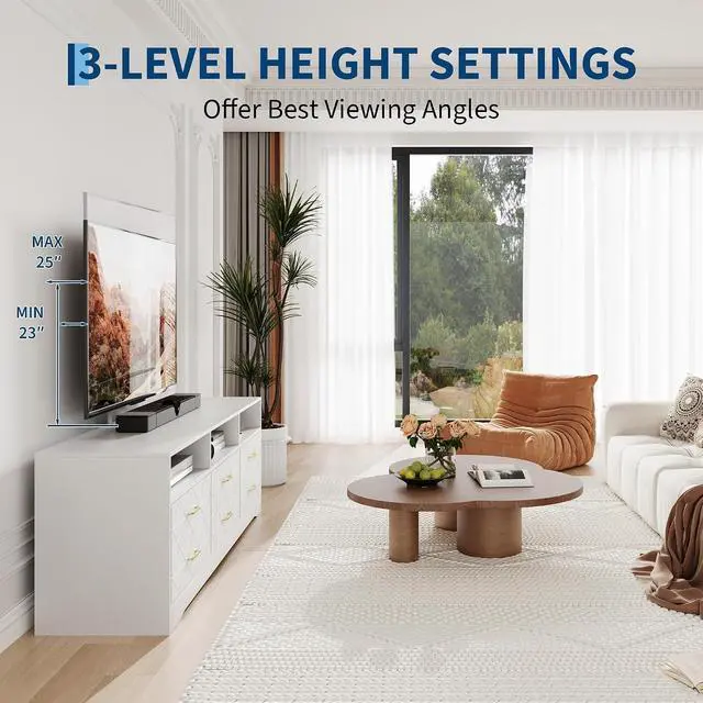 Alt view image 4 of 7 - TV Stand with Mount for 32/45/55/65/75/80 inch TVs, White Entertainment Center with 6 Storage Drawers for Bedroom, Living Room, Wood Media Console Tables with Height Adjustable Mount as TV Dresser
