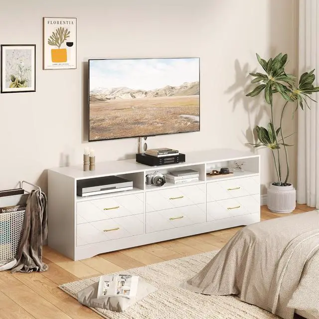 Alt view image 3 of 7 - TV Stand with Mount for 32/45/55/65/75/80 inch TVs, White Entertainment Center with 6 Storage Drawers for Bedroom, Living Room, Wood Media Console Tables with Height Adjustable Mount as TV Dresser