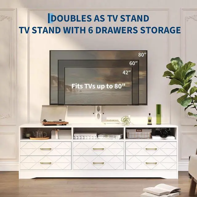 Alt view image 5 of 7 - TV Stand with Mount for 32/45/55/65/75/80 inch TVs, White Entertainment Center with 6 Storage Drawers for Bedroom, Living Room, Wood Media Console Tables with Height Adjustable Mount as TV Dresser