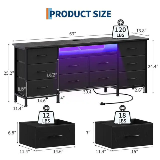 Alt view image 3 of 7 - Patikuin TV Stand for 65, 70, 75 Inch TV, 10 Drawer Long Dresser with Power Outlets and LED Lights, 63 Inch Entertainment Center TV Stand Dresser Storage Drawers
