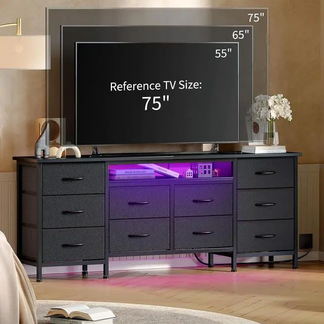 Alt view image 4 of 7 - Patikuin TV Stand for 65, 70, 75 Inch TV, 10 Drawer Long Dresser with Power Outlets and LED Lights, 63 Inch Entertainment Center TV Stand Dresser Storage Drawers