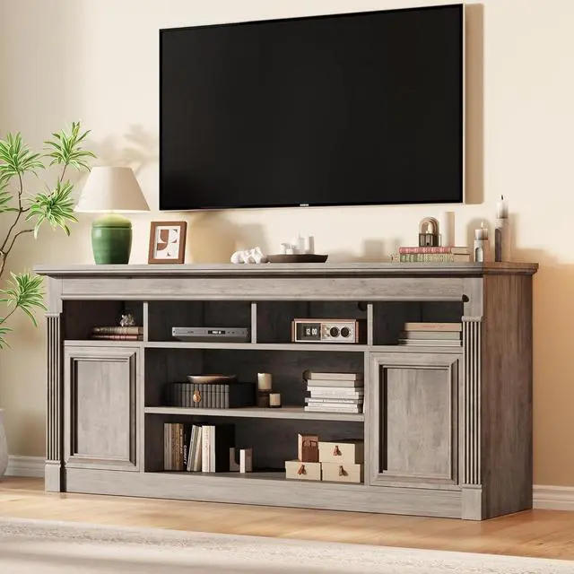 Main image of 67-Inch Farmhouse Entertainment Center Open Storage TV Stand for 75-Inch TVs, Media Console for Living Room, Gray (Only TV Stand, No Fireplace)
