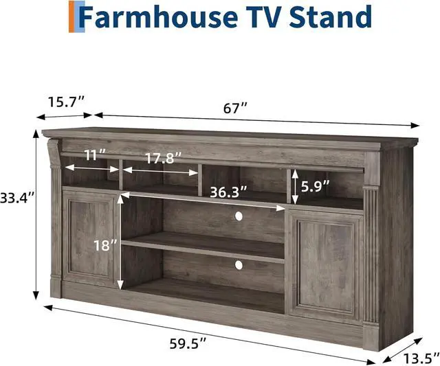 Alt view image 2 of 7 - 67-Inch Farmhouse Entertainment Center Open Storage TV Stand for 75-Inch TVs, Media Console for Living Room, Gray (Only TV Stand, No Fireplace)