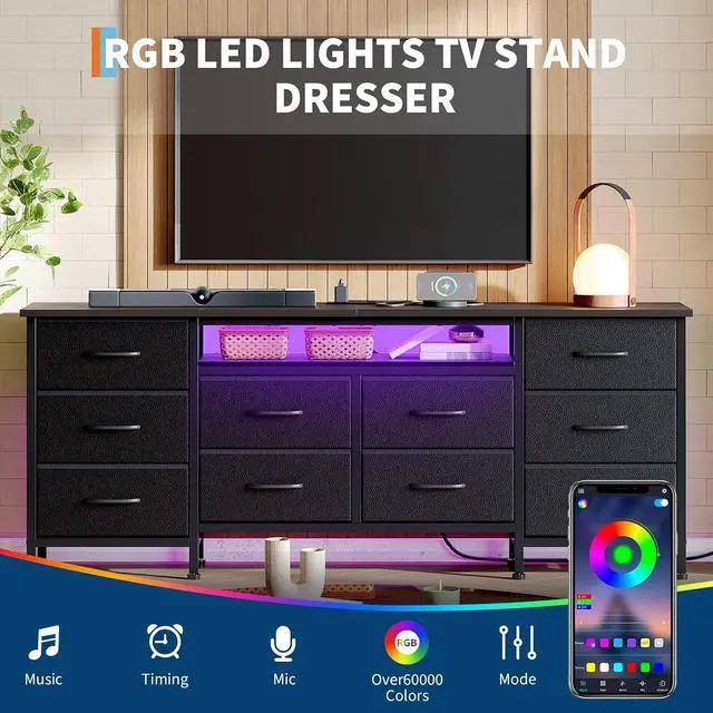 Alt view image 5 of 7 - Patikuin TV Stand for 65, 70, 75 Inch TV, 10 Drawer Long Dresser with Power Outlets and LED Lights, 63 Inch Entertainment Center TV Stand Dresser Storage Drawers