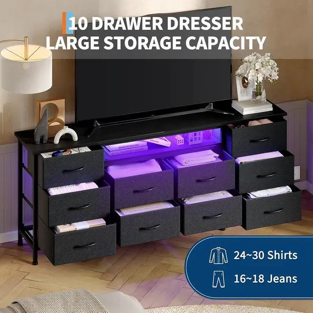 Alt view image 6 of 7 - Patikuin TV Stand for 65, 70, 75 Inch TV, 10 Drawer Long Dresser with Power Outlets and LED Lights, 63 Inch Entertainment Center TV Stand Dresser Storage Drawers