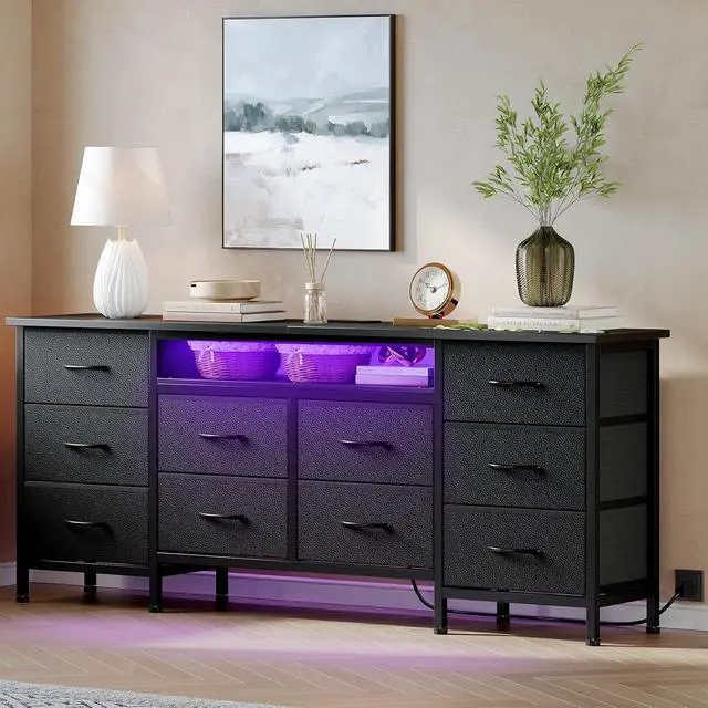 Alt view image 2 of 7 - Patikuin TV Stand for 65, 70, 75 Inch TV, 10 Drawer Long Dresser with Power Outlets and LED Lights, 63 Inch Entertainment Center TV Stand Dresser Storage Drawers