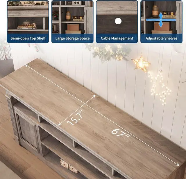 Alt view image 3 of 7 - 67-Inch Farmhouse Entertainment Center Open Storage TV Stand for 75-Inch TVs, Media Console for Living Room, Gray (Only TV Stand, No Fireplace)