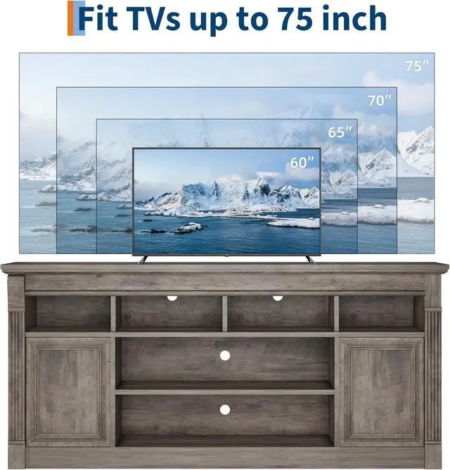 Alt view image 4 of 7 - 67-Inch Farmhouse Entertainment Center Open Storage TV Stand for 75-Inch TVs, Media Console for Living Room, Gray (Only TV Stand, No Fireplace)